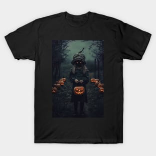 cursed girl with scary eyes and pumpkin, halloween design T-Shirt